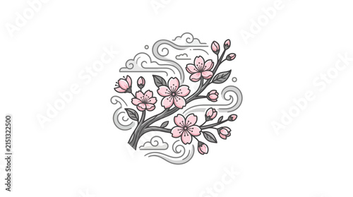Elegant Cherry Blossom Branch with Traditional Asian Style Swirling Clouds Illustration