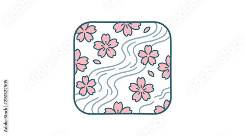 Japanese style illustration featuring pink cherry blossoms and blue waving water lines in a rounded square frame