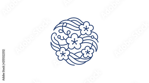Elegant Japanese Style Floral Ornament Circle with Stylized Blue Flower and Swirling Line Patterns for Decorative Design