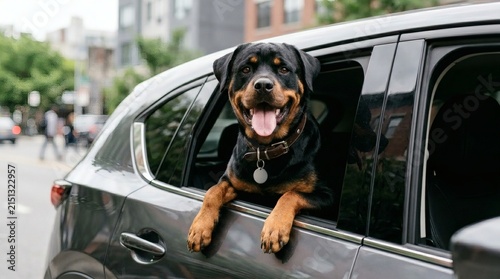 A happy Rottweiler dog with its head out of a car window, tongue out and tail wagging. The dog is wearing a collar with a tag and looks excited for the journey.