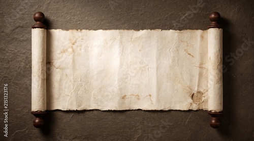 An old parchment scroll with wooden ends, lying on a textured surface. The parchment is aged and has some stains, suggesting historical significance