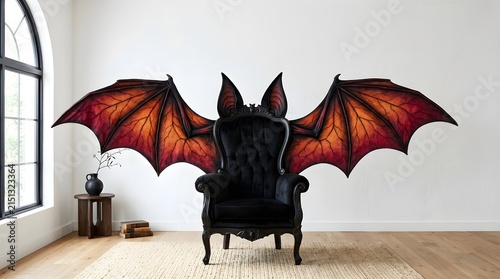 A digitally created dramatic artwork shows a black chair magically transformed into a winged beast within a simple modern room interior