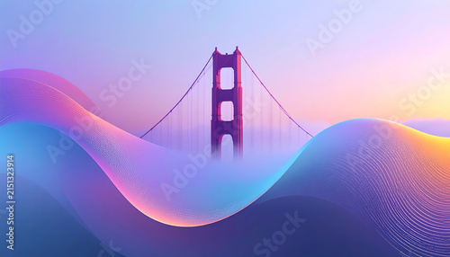 Abstract fluid gradient waves wallpaper featuring the Golden Gate Bridge silhouette