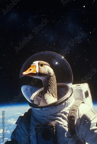 Close portrait of goose astronaut in white spacesuit and bubble helmet above Earth