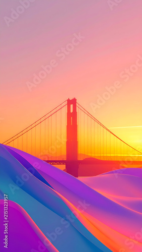 Abstract fluid gradient waves wallpaper featuring the Golden Gate Bridge silhouette