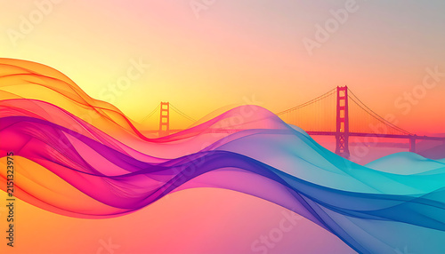 Abstract fluid gradient waves wallpaper featuring the Golden Gate Bridge silhouette