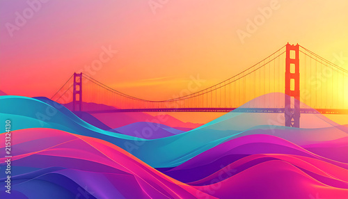 Abstract fluid gradient waves wallpaper featuring the Golden Gate Bridge silhouette