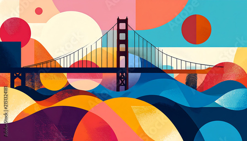 Abstract fluid gradient waves wallpaper featuring the Golden Gate Bridge silhouette