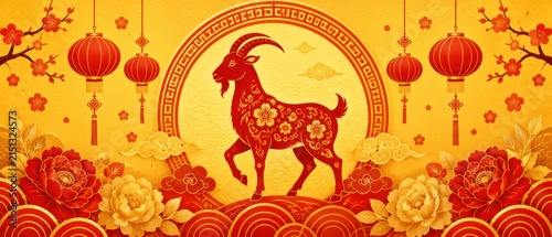 Golden Chinese New Year poster with a red goat silhouette and lanterns