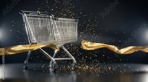 Empty metal shopping cart with gold ribbon and falling confetti against dark background. Business concept for Black Friday retail sale, luxury consumerism and seasonal marketing campaign