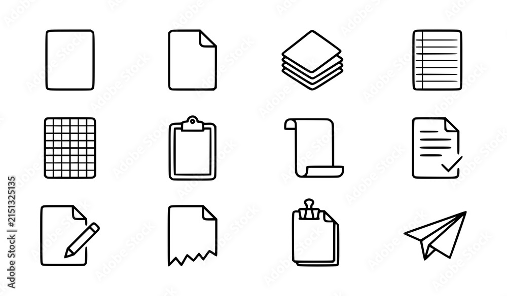Obraz premium Paper and Document Line Icon Set with Blank Sheet Clipboard Notepad Scroll Checklist and Paper Airplane Symbols
