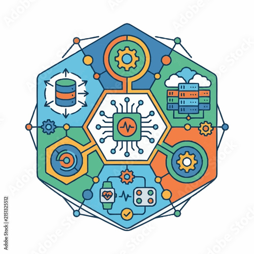 Processor chip surrounded by interconnected technological icons represents industrial automation, smart manufacturing, and integrated digital systems within a modern engineering environment blueprint.