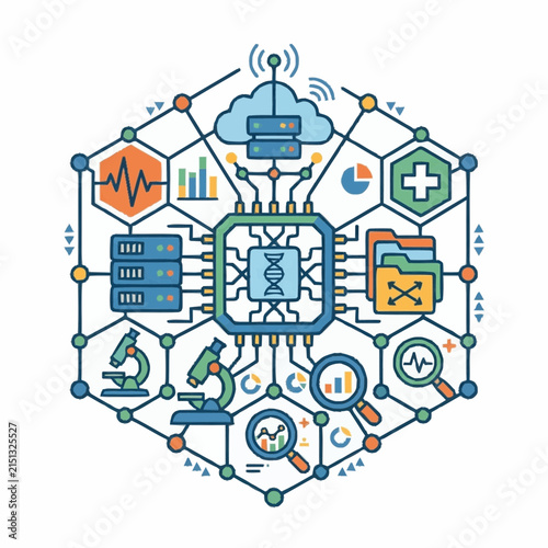 Microchip positioned at the center of a hexagonal network illustrates advanced biotechnology research, medical diagnostics, and complex data analysis workflows in a stylized digital graphic format.