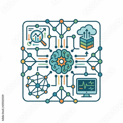 Artificial intelligence diagram depicts a central brain gear connected to digital networks, cloud servers, and data analytics monitors in a stylized vector graphic that communicates modern computing.