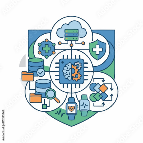 Artificial intelligence core depicted as a central brain integrated with medical data, cloud storage, and wearable health technology forms a protective shield symbol of digital security.