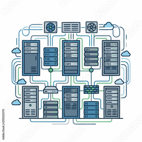 Servers interconnected within a digital network infrastructure demonstrate efficient data center management and cloud computing connectivity in this clean vector illustration, providing ample copy.