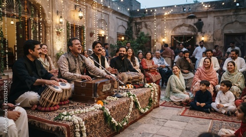 Traditional Qawwali Musical Performance in Decorated Courtyard