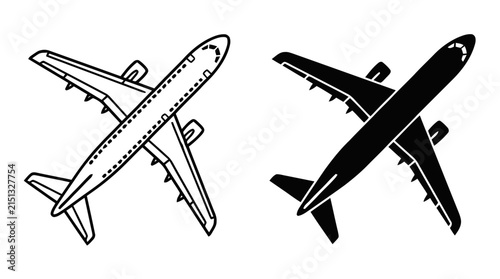 Vector illustration of set of two airplane icons, outline and solid silhouette on a transparent background