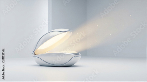 Glowing white egg-shaped futuristic pod with light emitting from interior. Minimalist design object in abstract architectural space. Concept of innovation, high technology and discovery