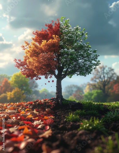 Autumn maple tree with vibrant red and orange leaves in sunlight.