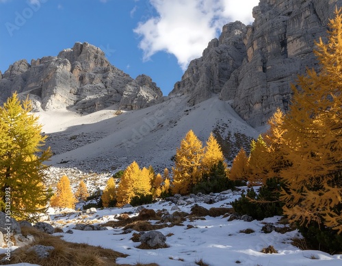 Autumn river flowing through rocky mountain gorge with golden foliage.