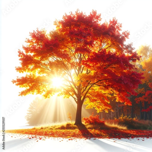 Autumn tree in snow with warm sunset glow.