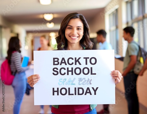 Back to school holiday celebration with cheerful girl holding sign.