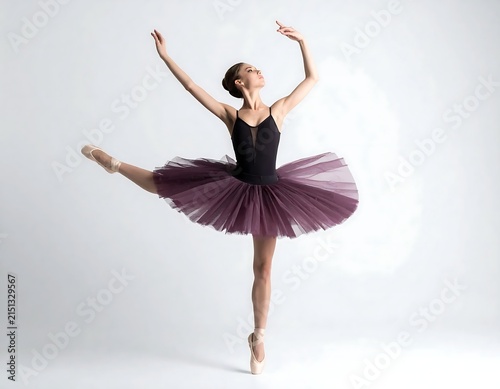 Ballerina in purple tutu performing grand ballet pose.