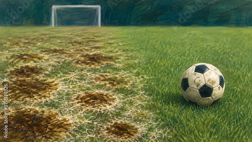 sports football ball on a drought damaged grass pitch with empty goal

