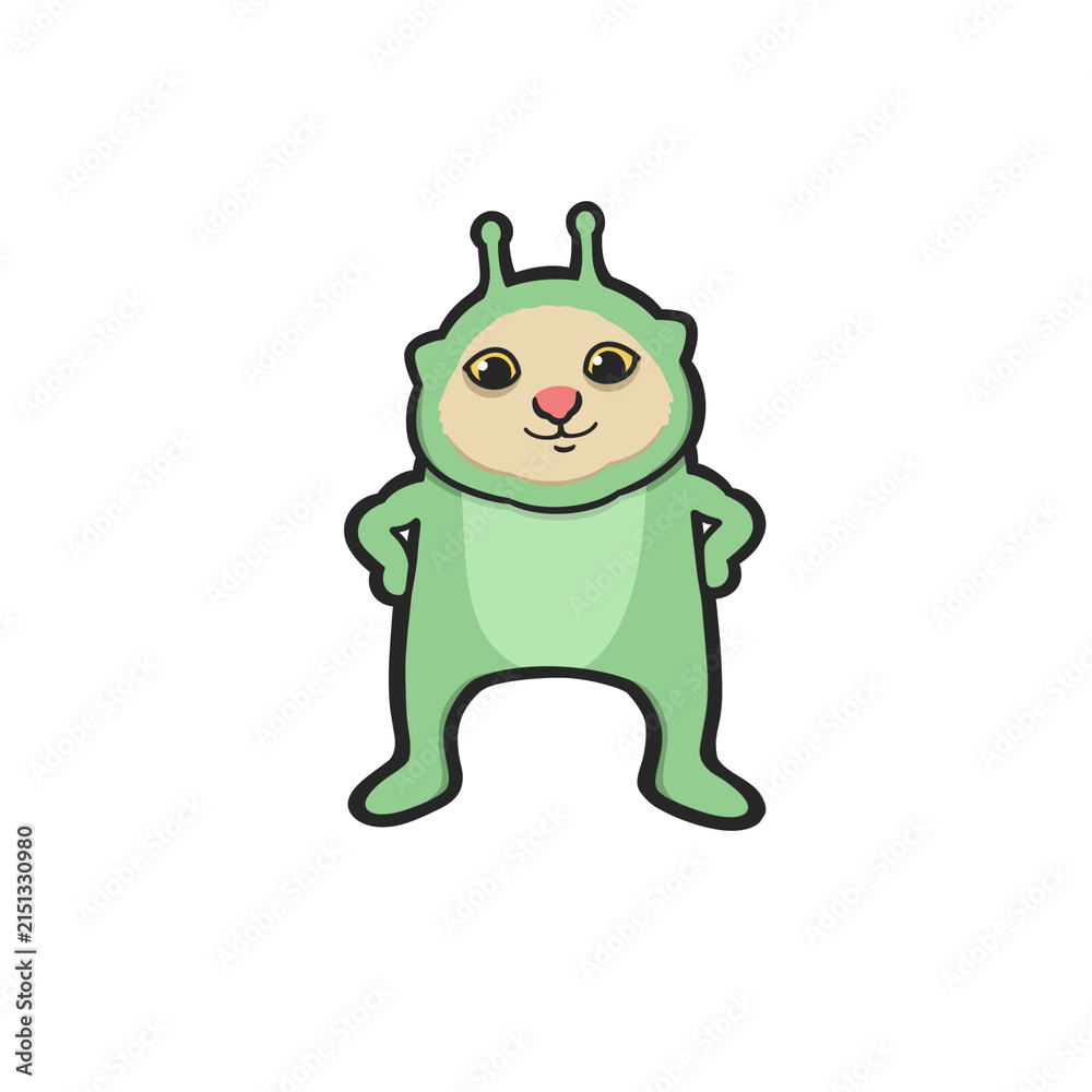 Fototapeta premium Green Alien Cat Meme Sticker Vector Cute Illustration Transparent Isolated