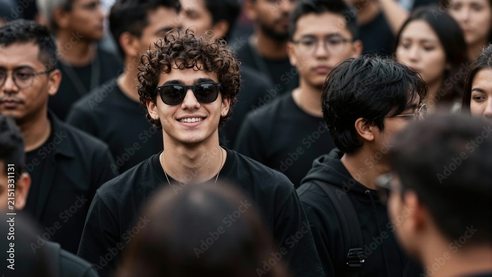 Fototapeta premium A young man with curly hair and sunglasses stands out smiling amidst a dense urban crowd, exuding calm confidence.