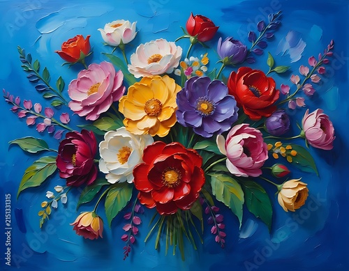 Colorful abstract floral arrangement with butterflies and flowers.