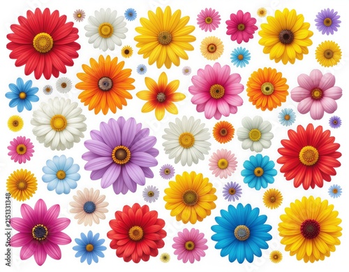 Colorful abstract floral pattern with vibrant flowers and leaves.