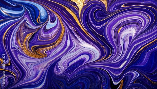 abstract purple and blue marble swirls enriched by shimmering golden highlights