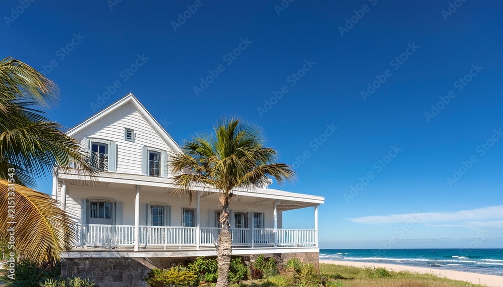 Fototapeta premium coastal beach house with white shutters wraparound balcony and swaying palm trees under a clear blue sky