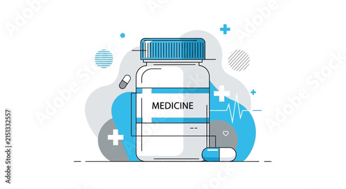 Medical Tablet Illustration Featuring Bottle Design and Health Concept in Flat Style