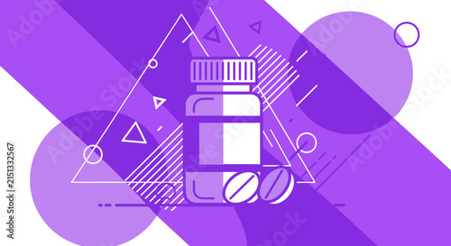 Medical Tablet Illustration Featuring Bottle Design With Abstract Purple Geometric Elements