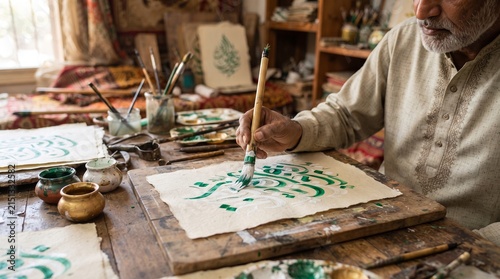 Artist Hand Painting Green Floral Design on Paper with Paintbrush | Traditional Craft Close-Up