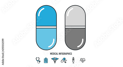 Medical Tablet Illustration Showing Capsules with Icons of Health and Modern Medical Advancements