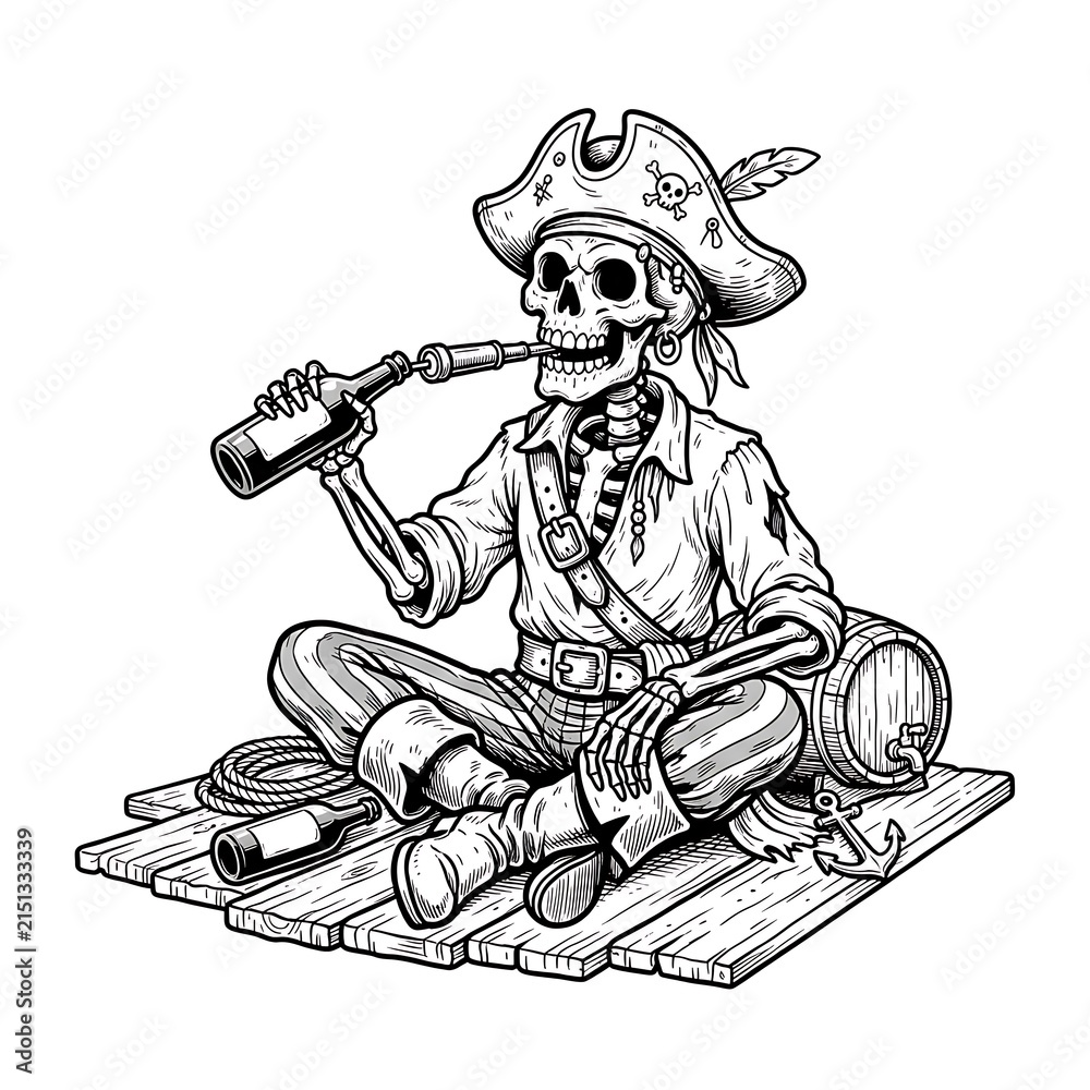 Naklejka premium Skeleton pirate drinking rum from bottle