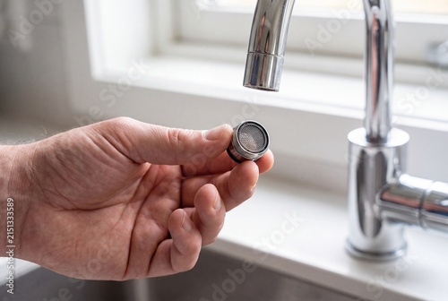 Close Up Of Hand Holding Small Faucet Aerator Mesh Screen For Home Plumbing Repair