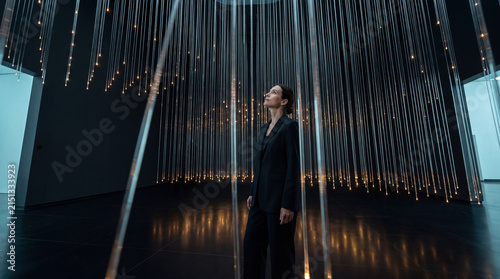 Businesswoman standing beneath a canopy of illuminated hanging light threads