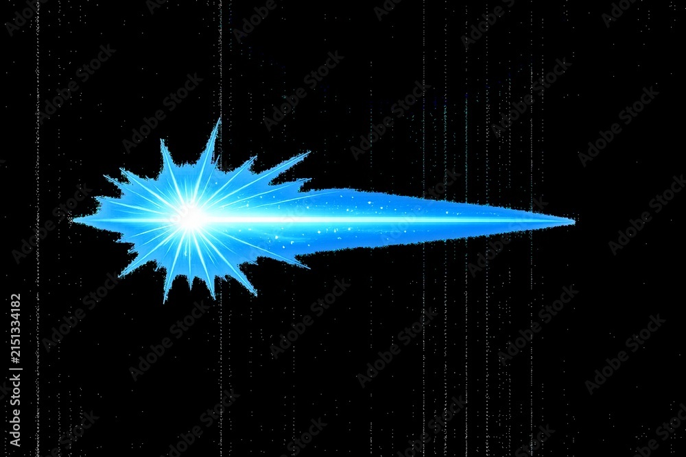 Bright blue shooting star streak with radiant burst against a black background