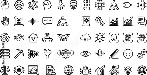 Artificial Intelligence Line Icons Set - AI Technology, Machine Learning, Cyber Security, and Data Analytics Outline Vector Collection