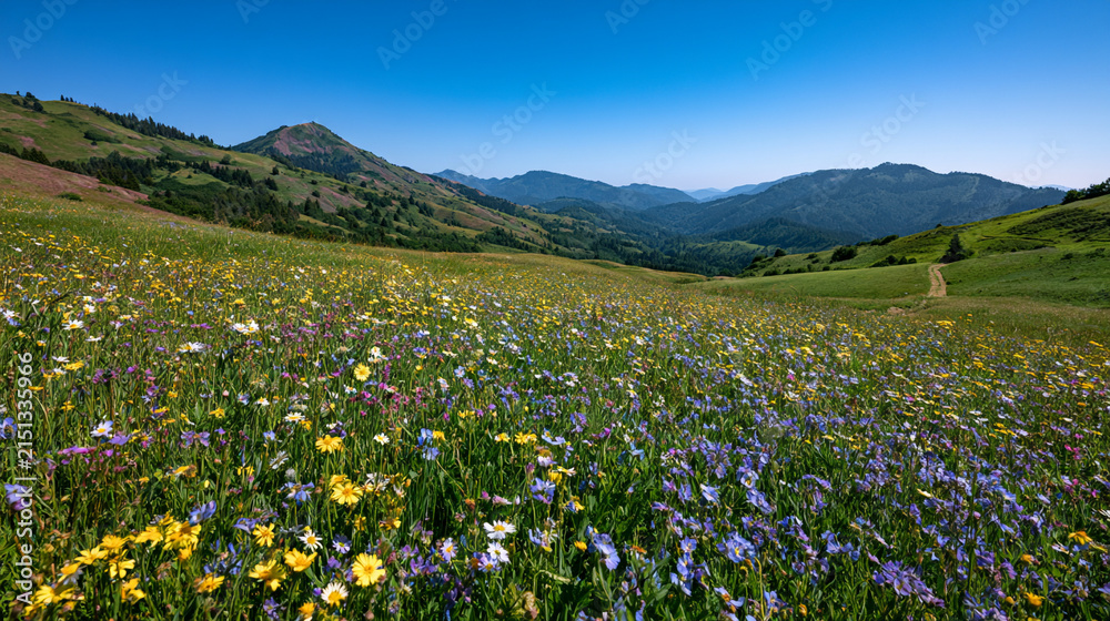 Obraz premium Vibrant wildflower meadow in the mountains under a clear blue sky