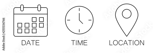 Simple line art date time location icon set. Indicating Scheduling and Planning.