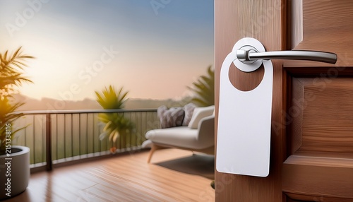 blank door hanger mockup on knob unmarked flyer hanging from handle leaflet design do not disturb sign clear hotel room hanger
