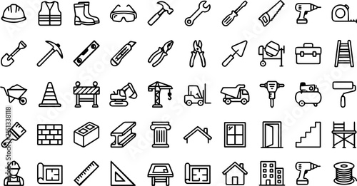 Construction Line Icons Set - Building Tools, Safety Equipment, and Worker Outline Vector