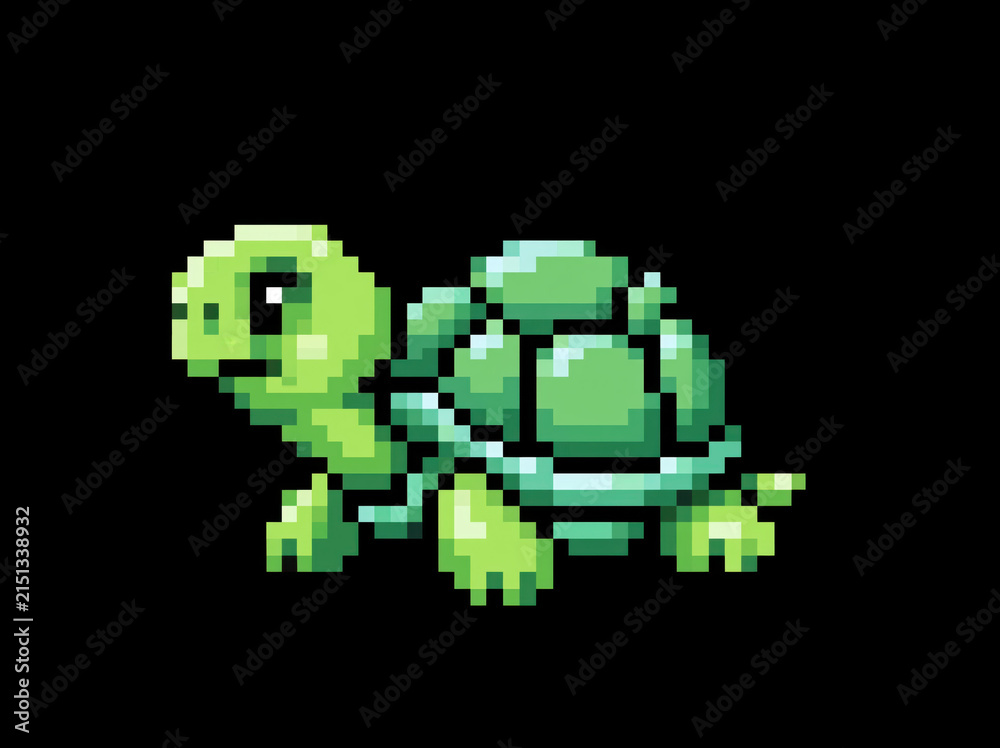 Obraz premium Pixel art turtle with a light green shell and body, standing on a black background AI generative