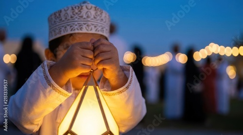 Young boy holding glowing lantern at night celebration